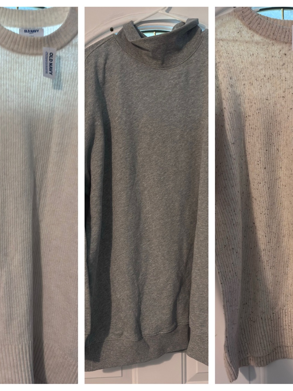 Old Navy Cream, Tan Ribbed Crew Tunic Sweater, and Gray cowl neck sweatshirt